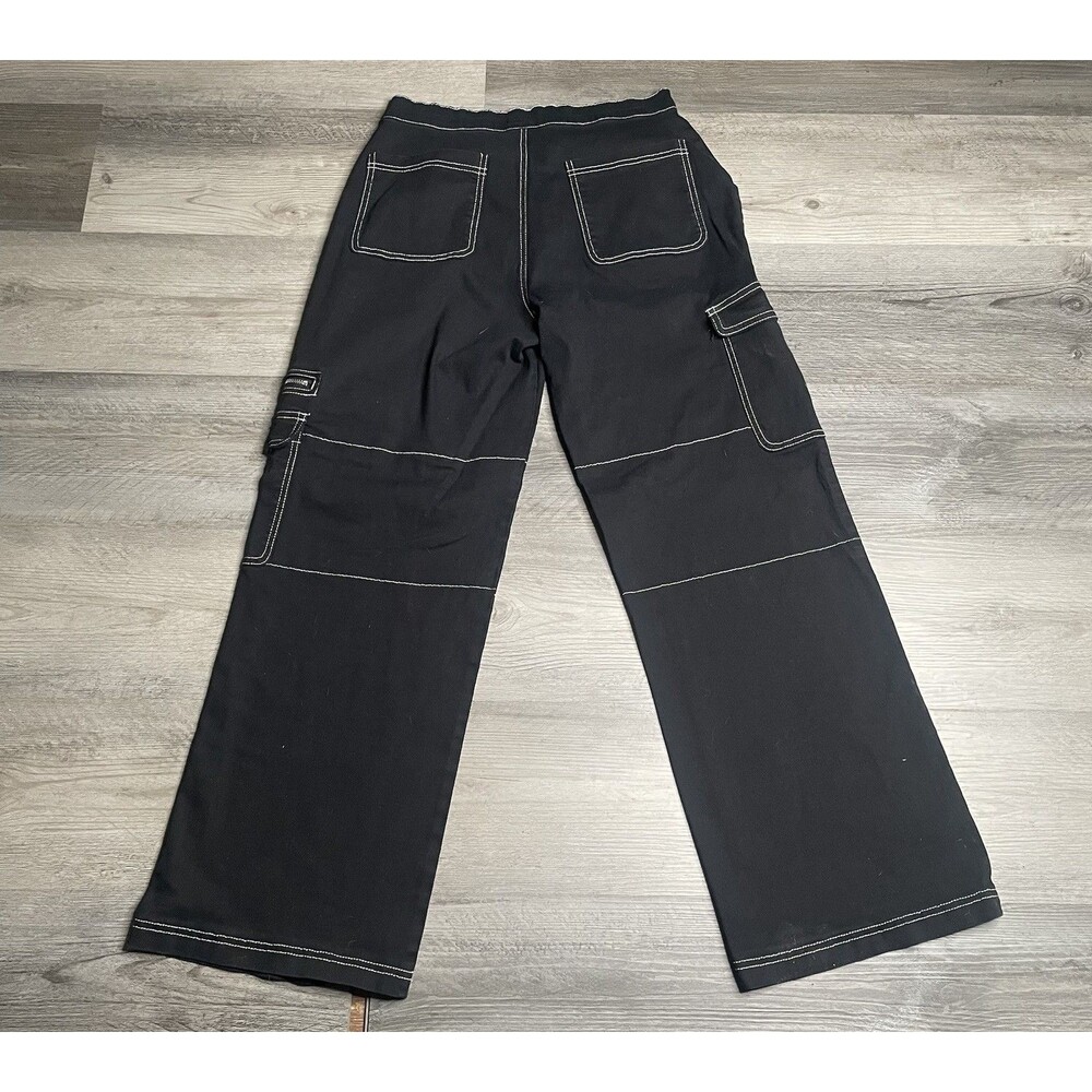 Rachel Paige Contrast Stitch Cargo Pants Black Wide Leg Utility Skater Grunge M